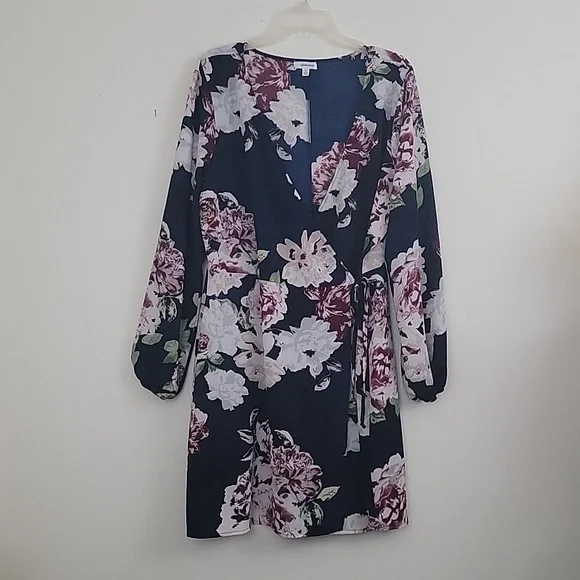 Eyeshadow | Dresses | Eyeshadow Navy Burgundy White Floral Long Sleeve Wrap  Dress Xl | Poshmark